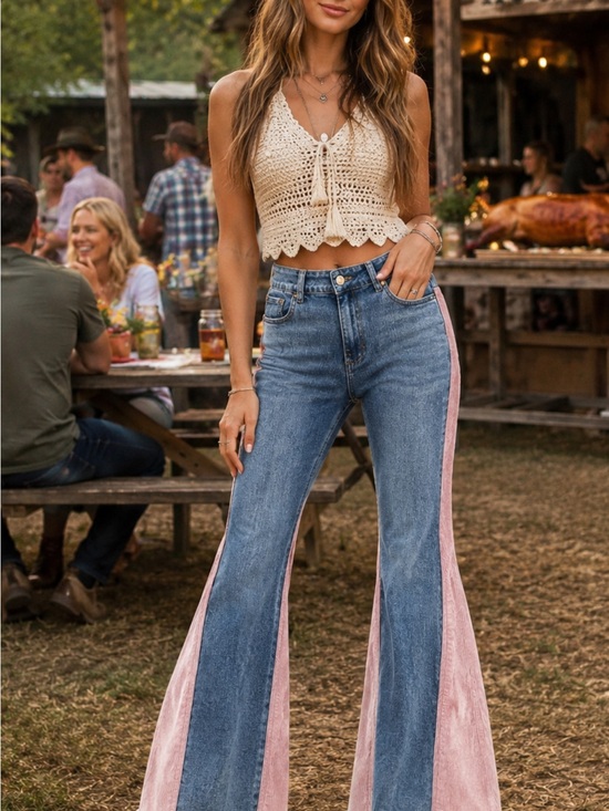 Oli & Hali Denim - Oli & Hali Two-Tone Flare Jeans in Blue and Pink